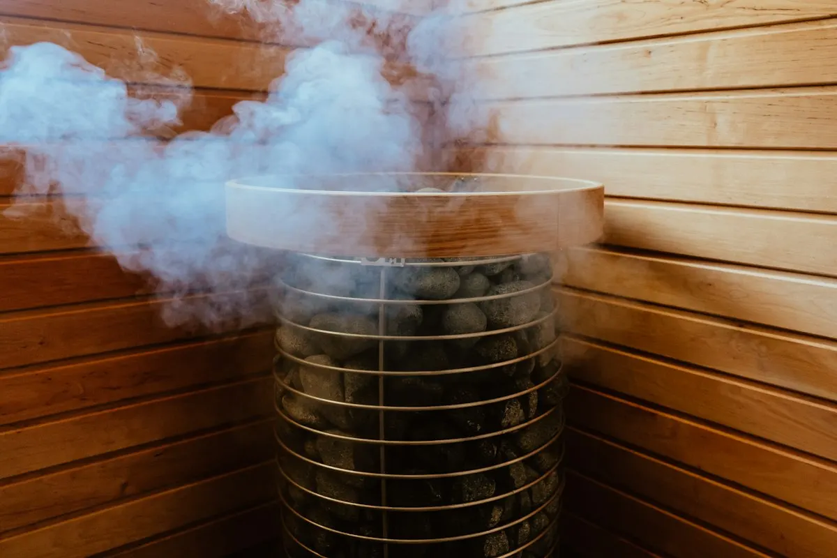 Steam rising in the Iron House steam room
